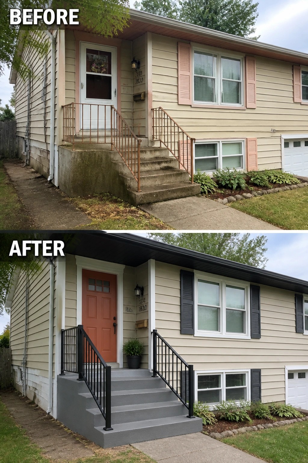Before and after of beige house with new red door, black shutters and railings.