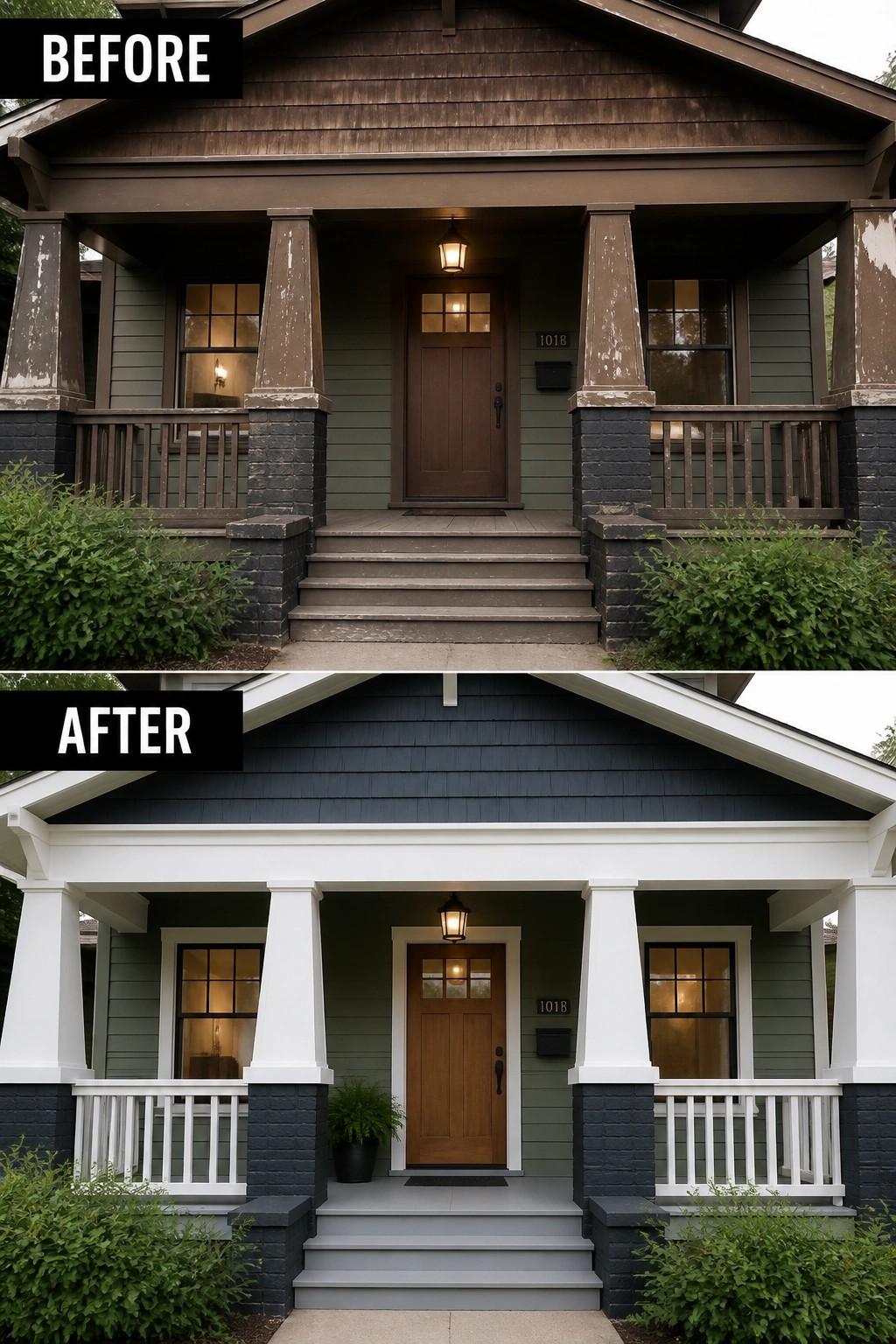 Before-and-after porch renovation with white columns, railings, and fresh paint.
