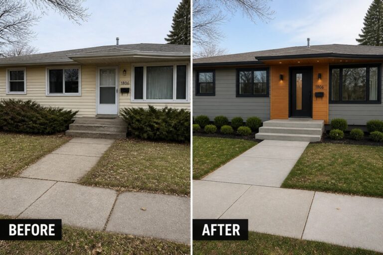 Before-and-after image of a house exterior updated with gray siding, wood accents around the entry, a black door, and new black-framed windows.