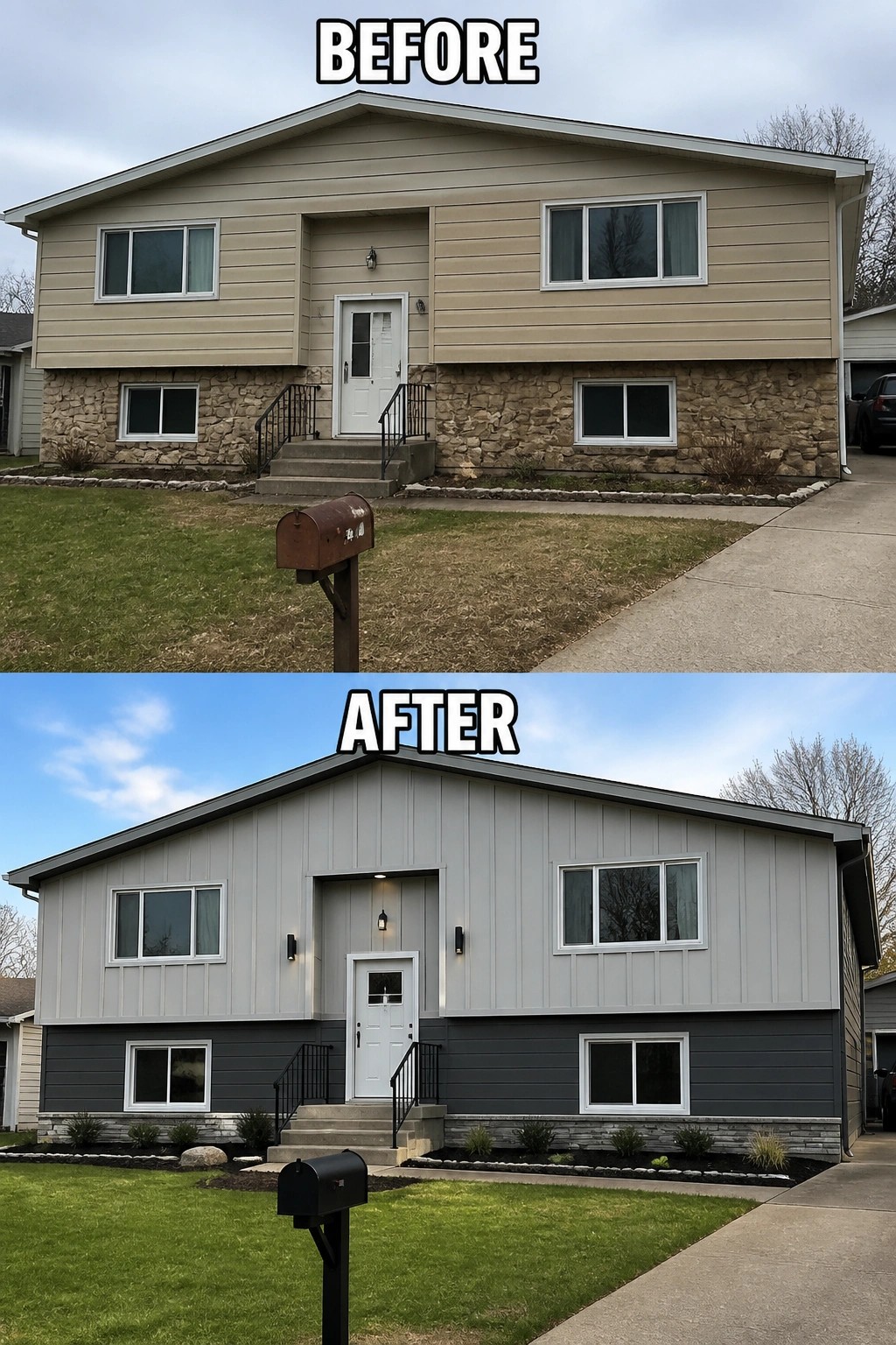 Before-and-after image of a house exterior with uniform beige siding changed to mixed light gray and dark gray siding.