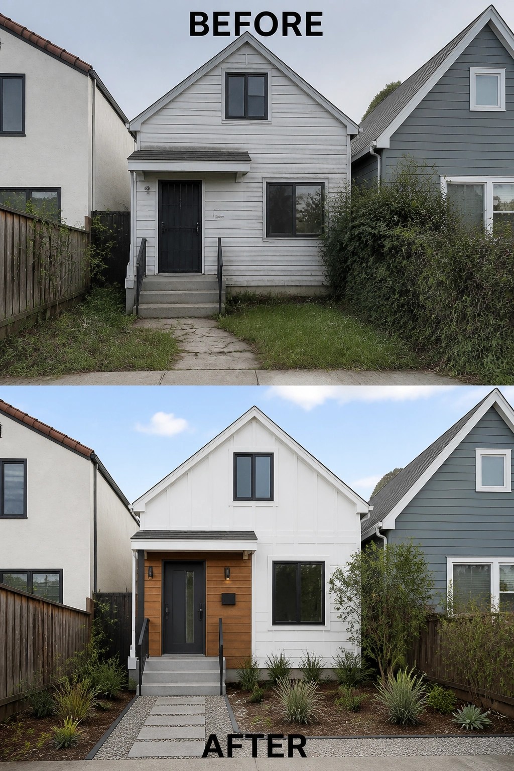 Before and after views of renovated white house with modern entrance and landscaping.