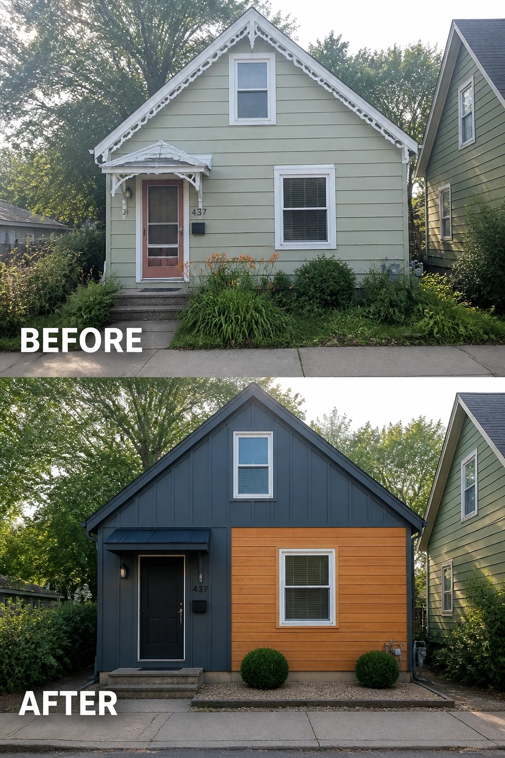 Before and after house exterior renovation from light green to dark gray with orange siding.