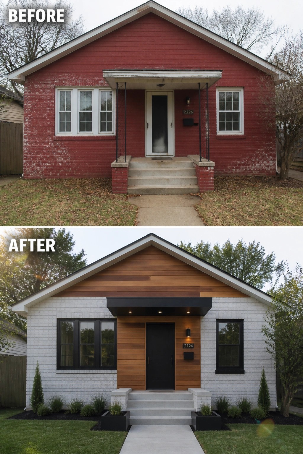 Before-and-after image of a red brick house exterior updated with white painted brick, horizontal wood siding accents, and modern black trim around the door and windows.