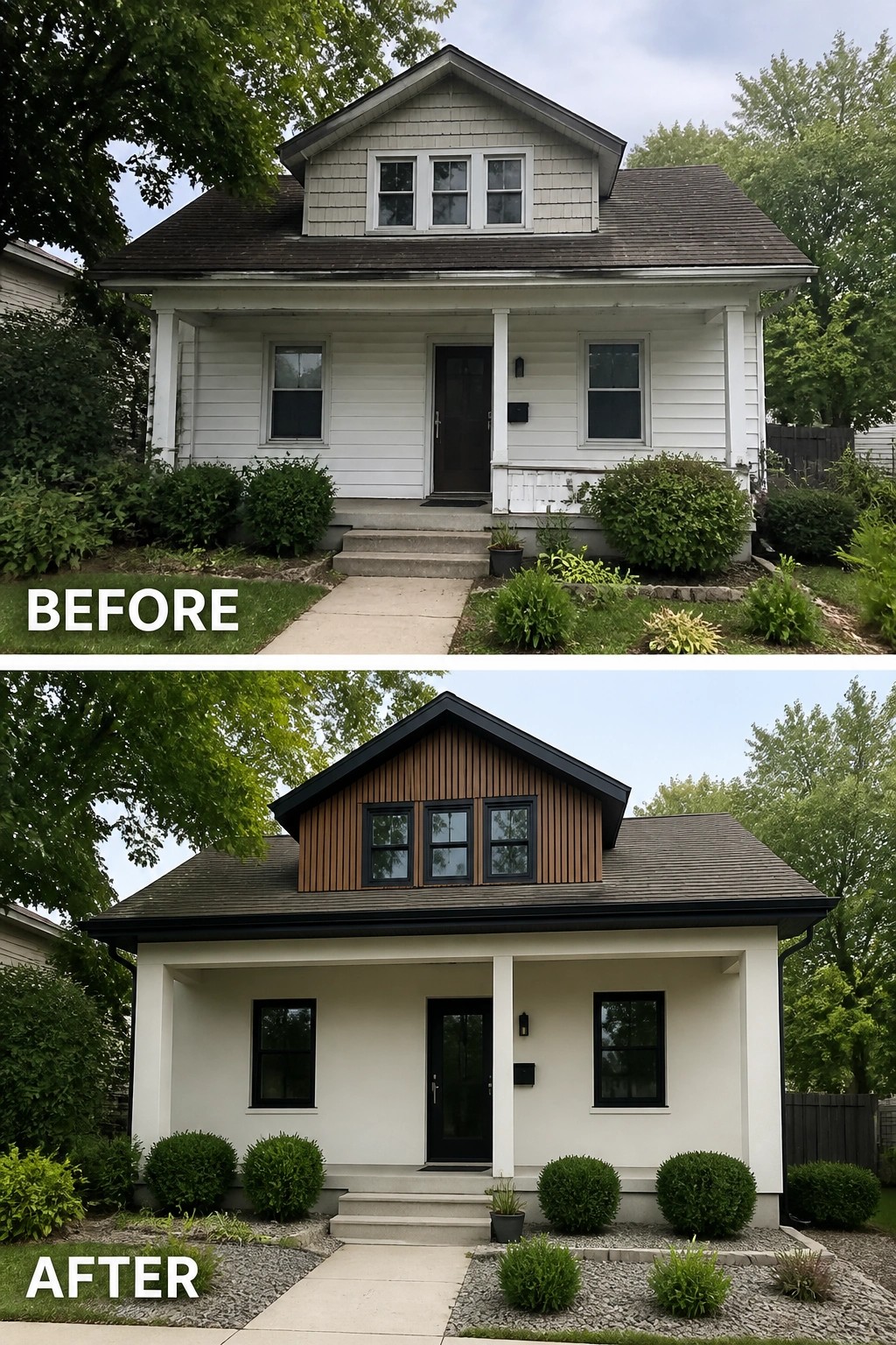 Before-and-after image of a house exterior updated with mixed siding, black trim, and modern windows.