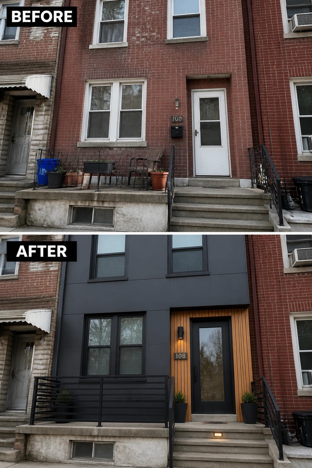 Before and after townhouse renovation with dark panels, wood accents, and black door.