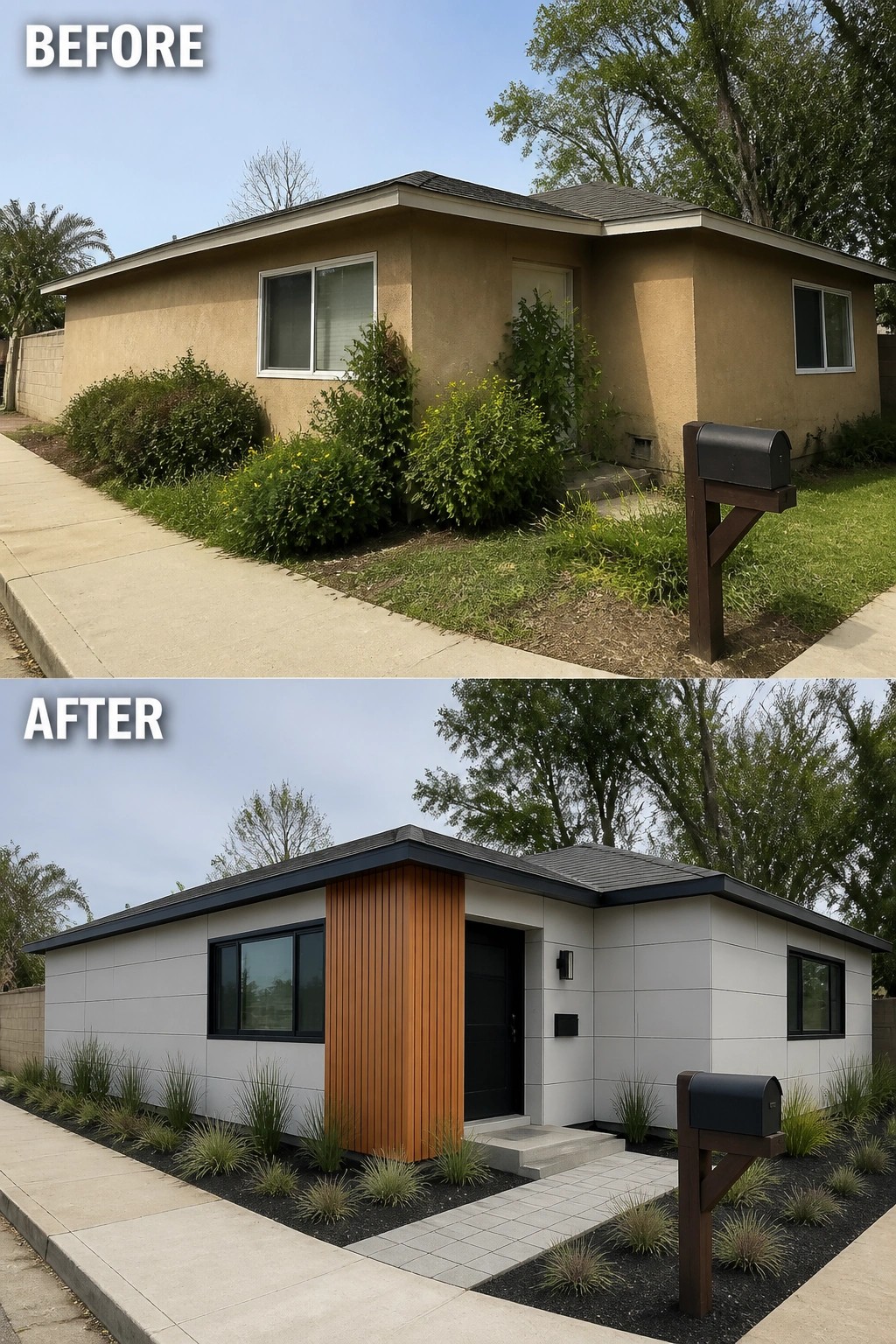 Before-and-after image of a dated beige house exterior updated with white siding, a wood accent section, black trim, and simplified landscaping.