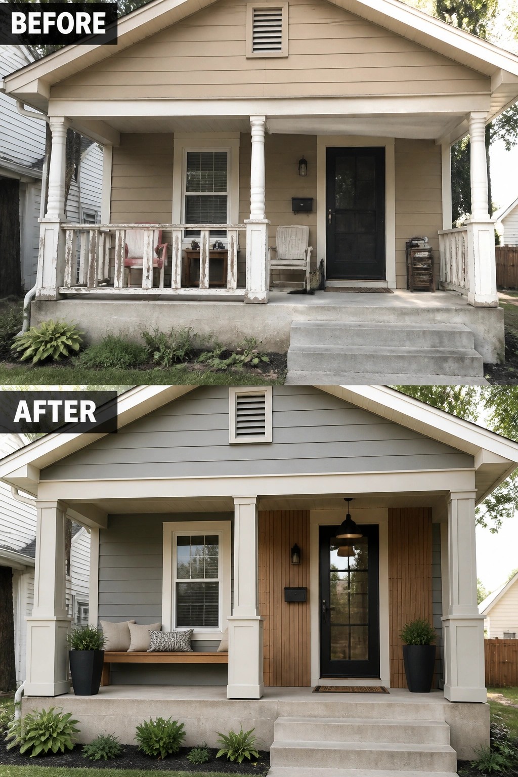 Before-and-after image of a house porch updated with mixed siding, wood accents, and a modern black door.