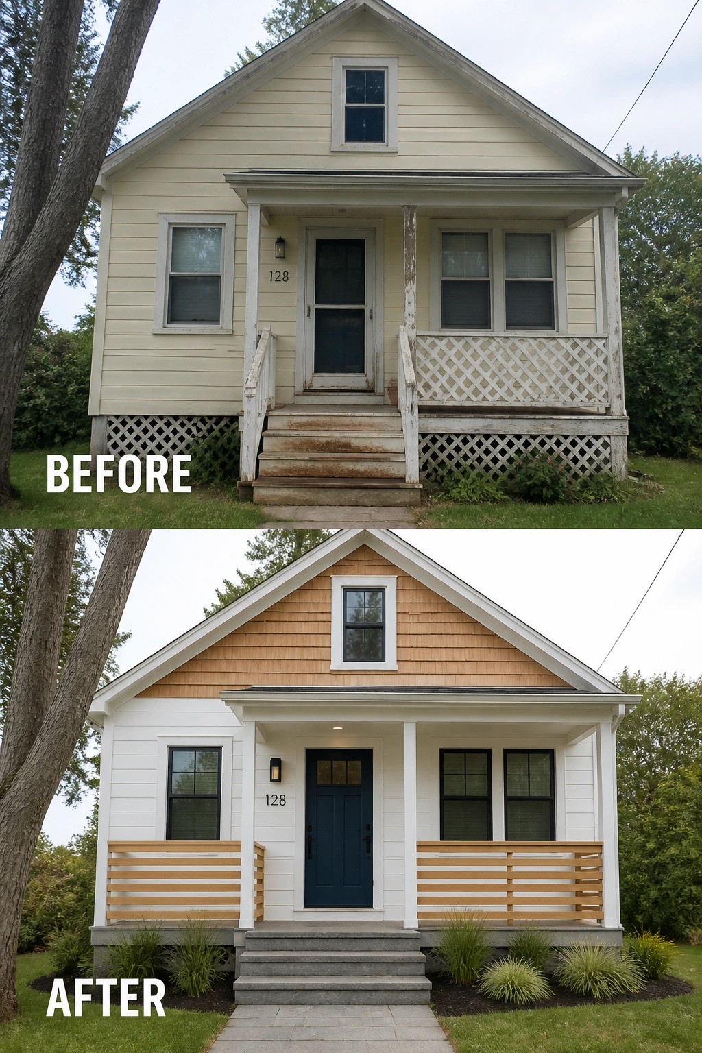 Before and after of house with new white siding, porch, and blue door.