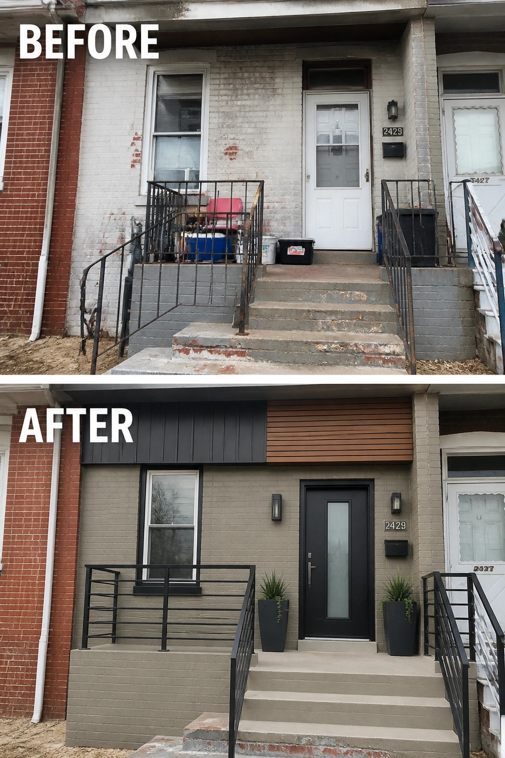 Before and after of a renovated brick house entrance with new door and railings.