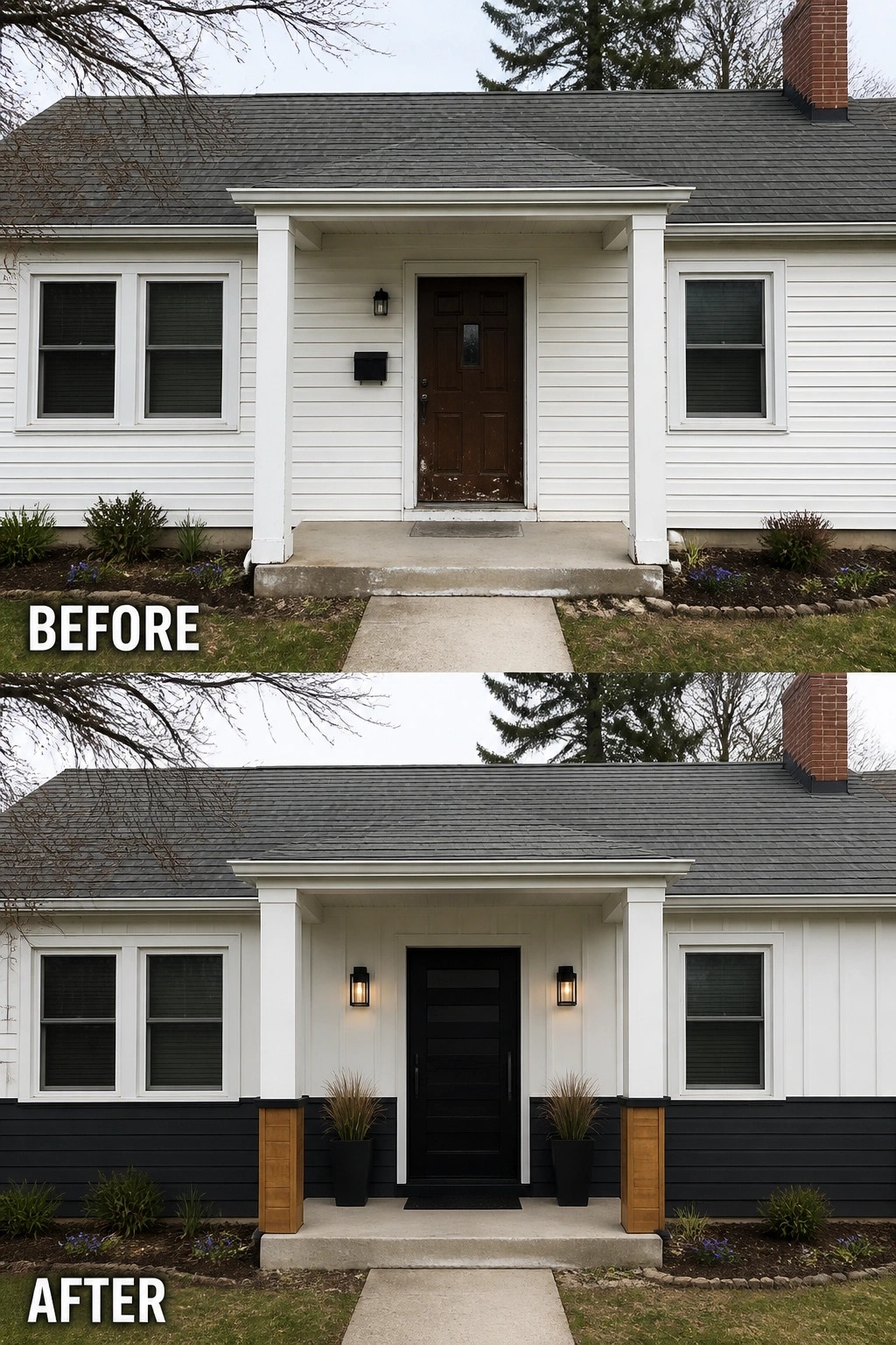 Before and after house exterior with updated black door, siding, and porch details.