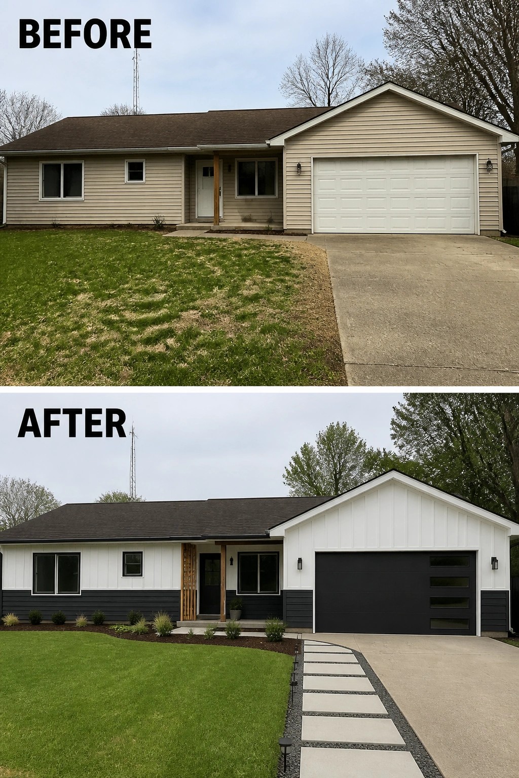 Before-and-after image of a house exterior remodeled with mixed siding, a modern garage door, and updated entry details.