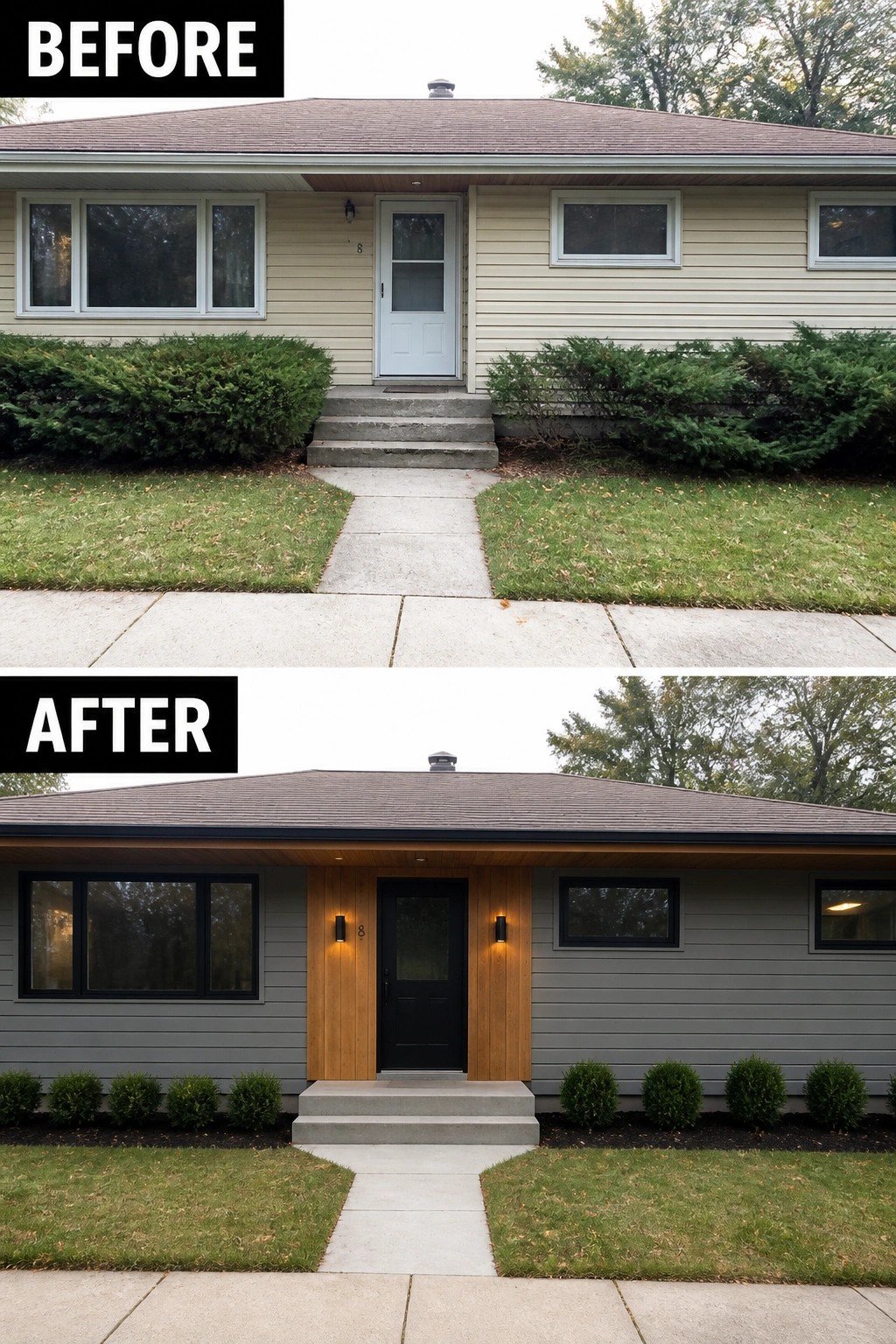 Before-and-after image of a house exterior updated with gray siding, wood accents around the entry, a black door, and new black-framed windows.