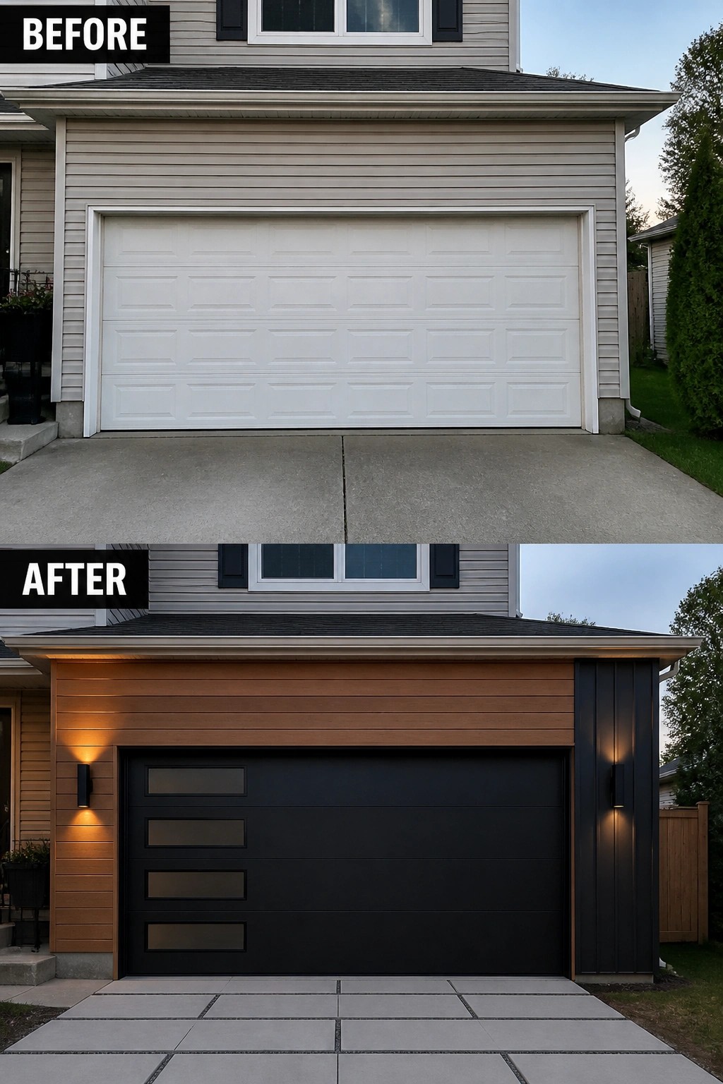 Before and after garage renovation with new black door and wood accents