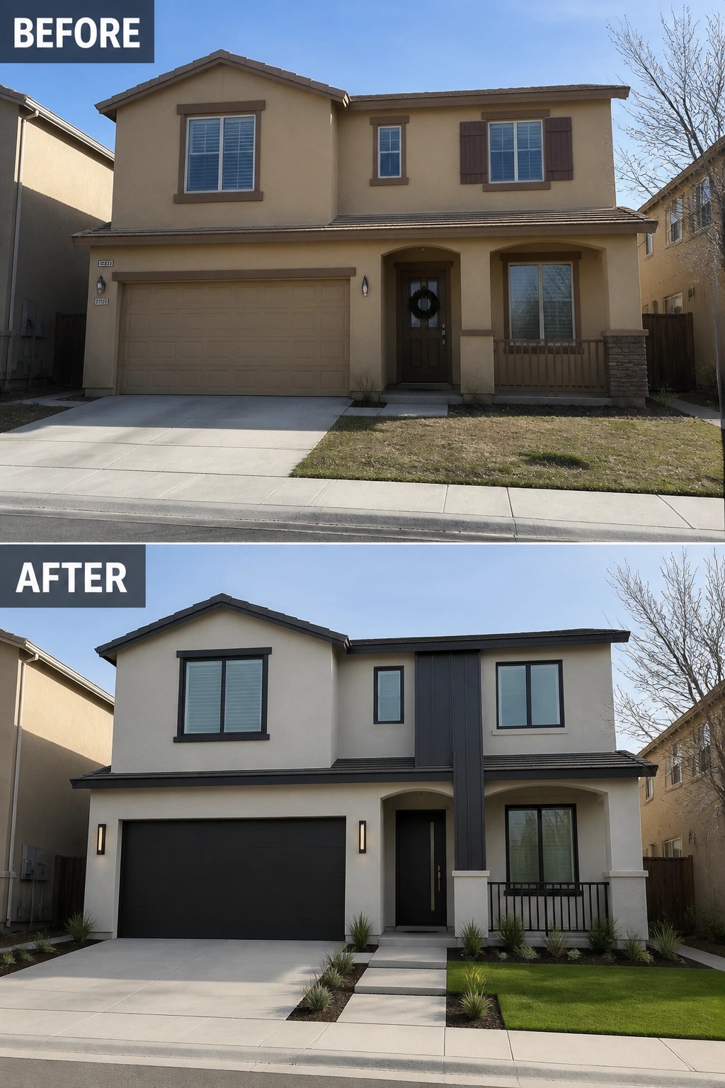 Before and after view of beige house with dark modern exterior updates and landscaping