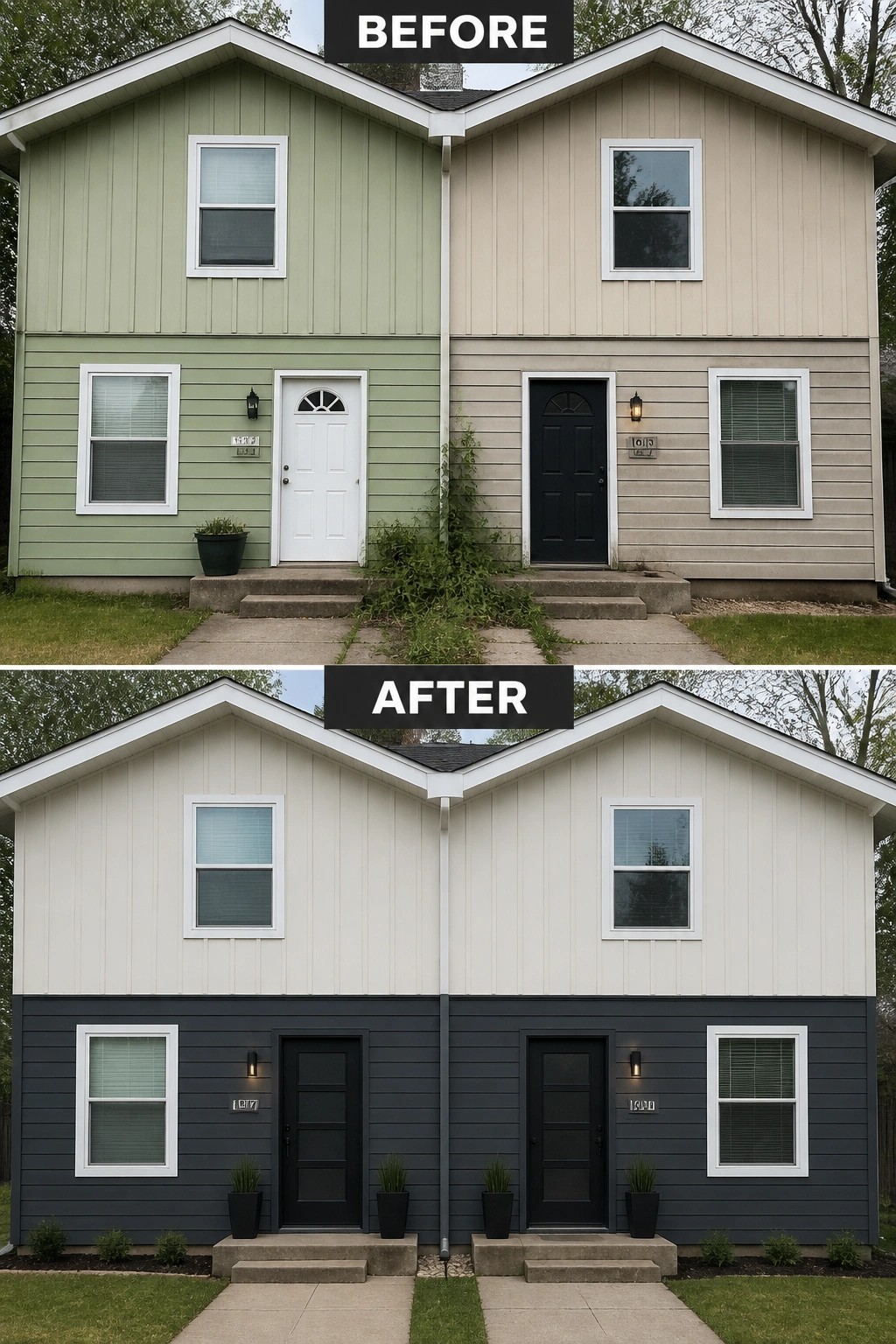 Before-and-after duplex exterior with updated white-gray siding and black doors.