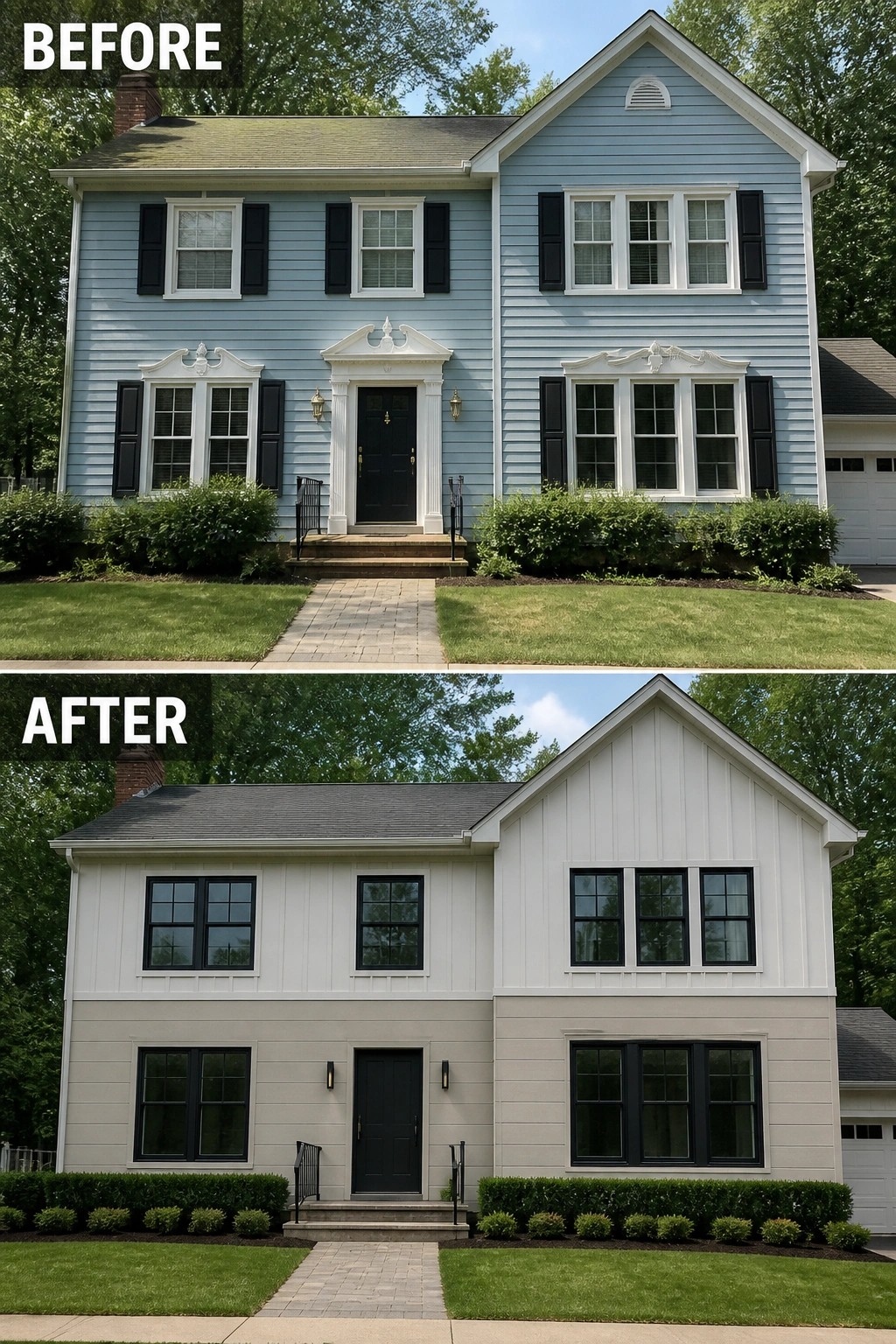 Before and after house exterior renovation with new siding, windows, and trim.
