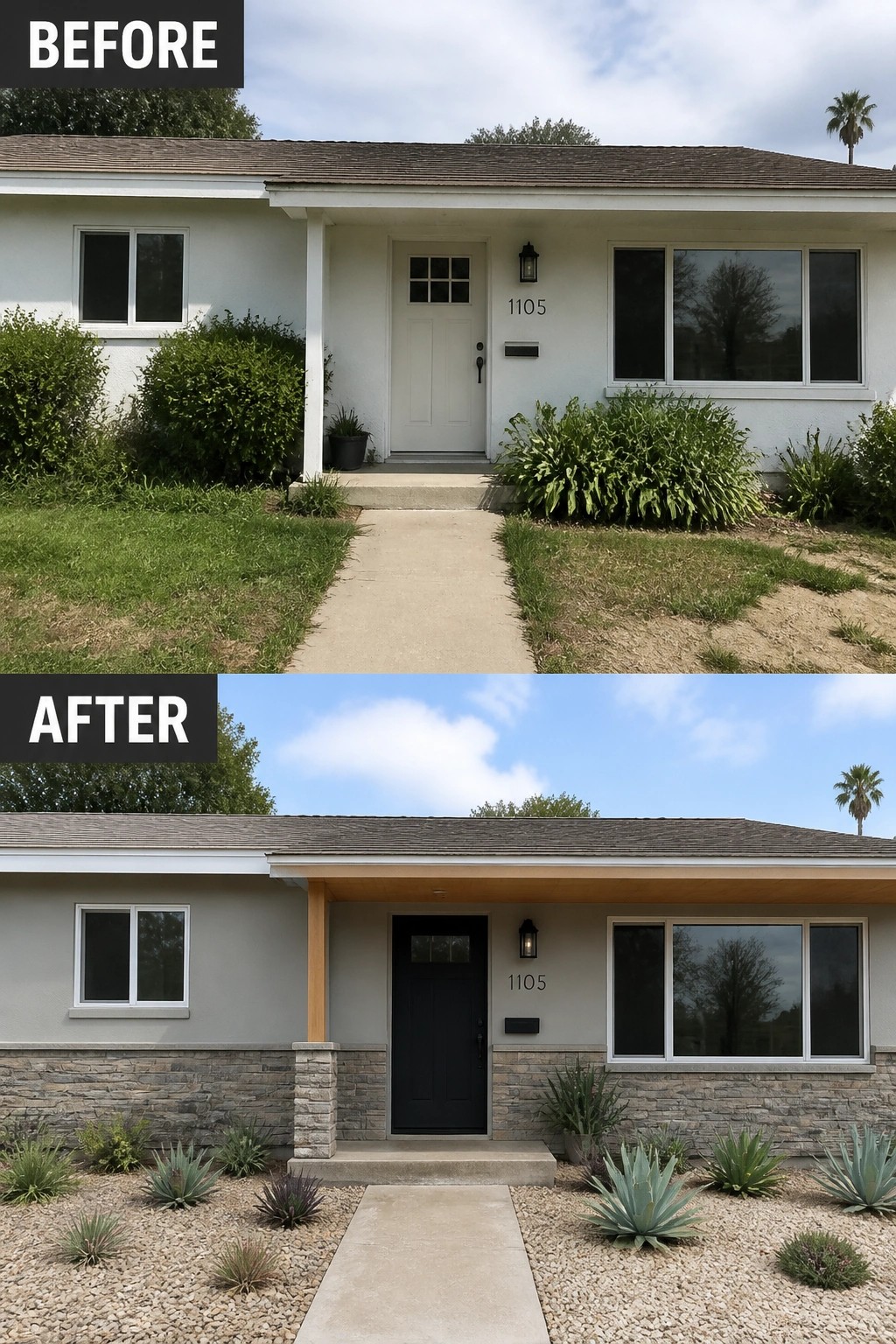 Before-and-after house exterior with new paint, black door, stone accents, and gravel garden.