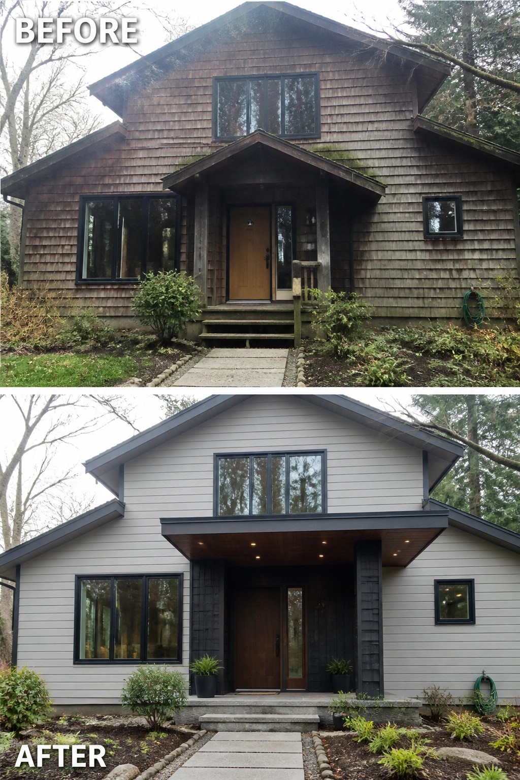 Before and after house exterior renovation with new siding, porch, and roof.