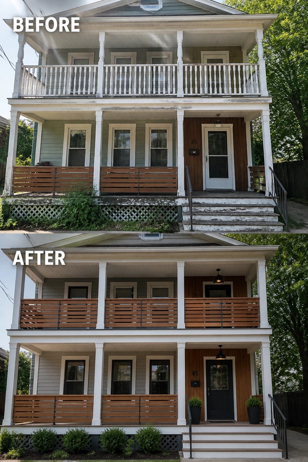 Before and after renovation of two-story house with updated railings and entrance.