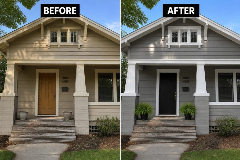 21 Simple Before and After Exterior Paint Ideas That Improve Curb Appeal Fast Before-and-after image of a house exterior updated with new gray paint, white trim, and a black front door.