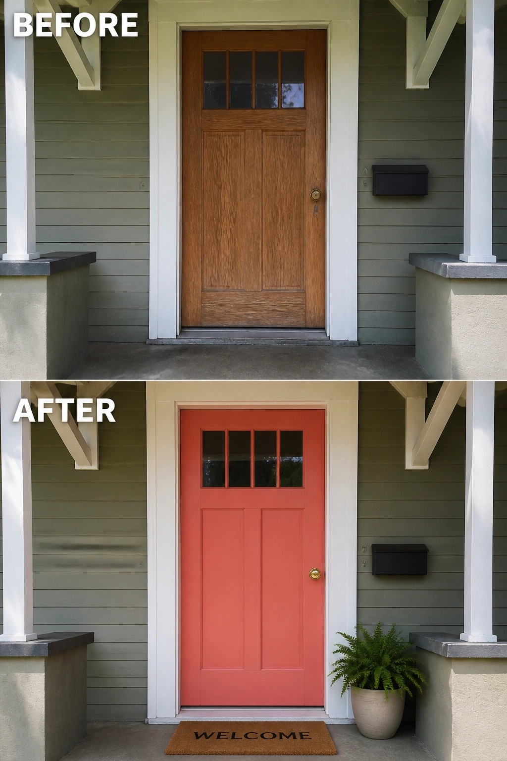 Before-and-after image of a house front entry showing a natural wood door changed to a coral painted door with a welcome mat and potted fern added.