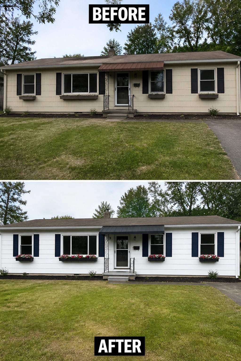 Before-and-after image of a ranch home exterior repainted from beige siding to white with dark blue shutters and a black awning.