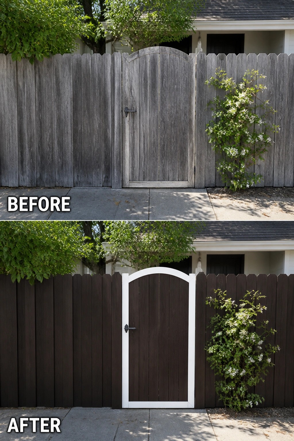 Before and after of gray wooden fence gate repainted dark brown with white trim