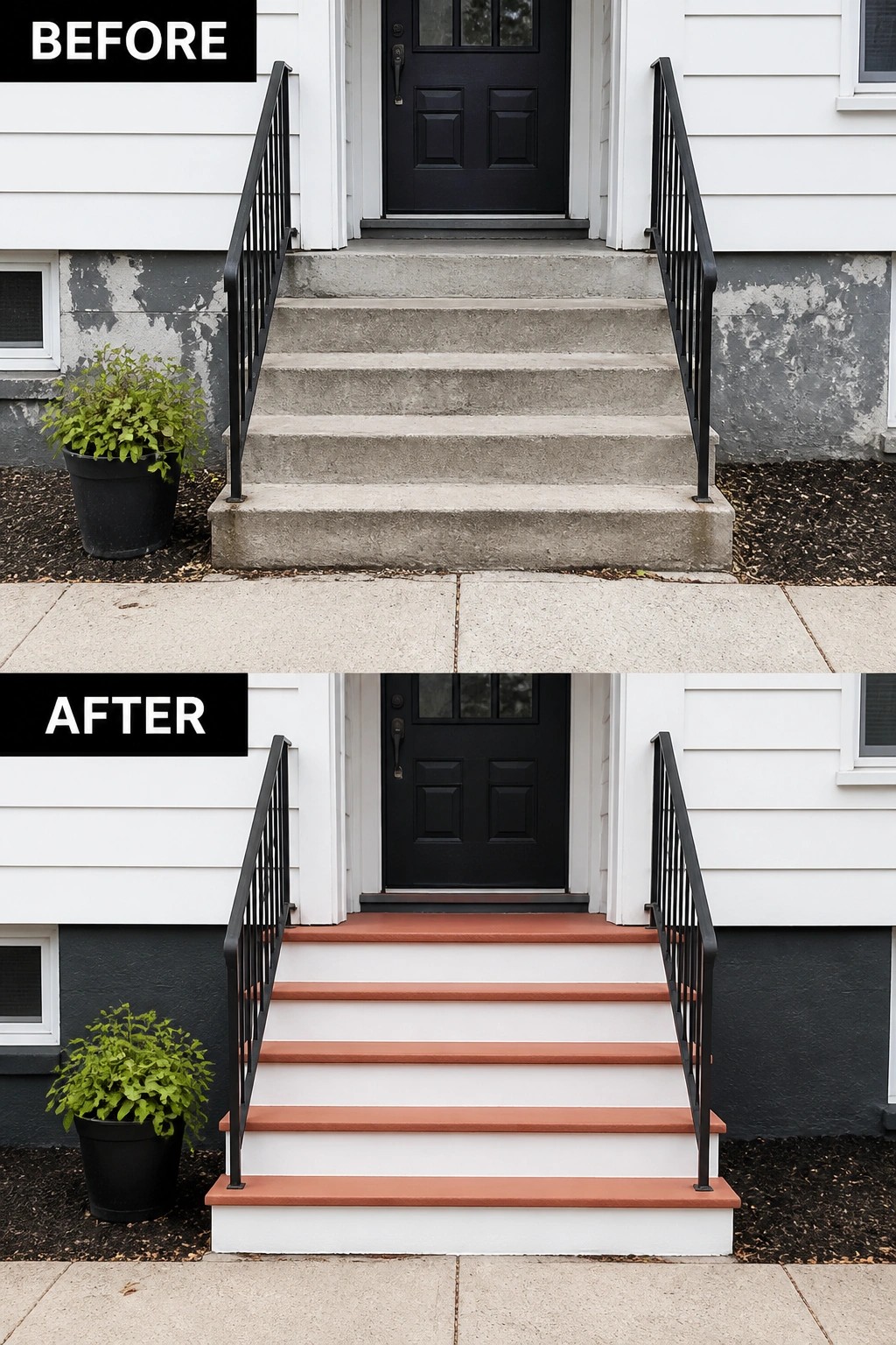 Before-and-after image of concrete front steps updated with white risers and terracotta treads.