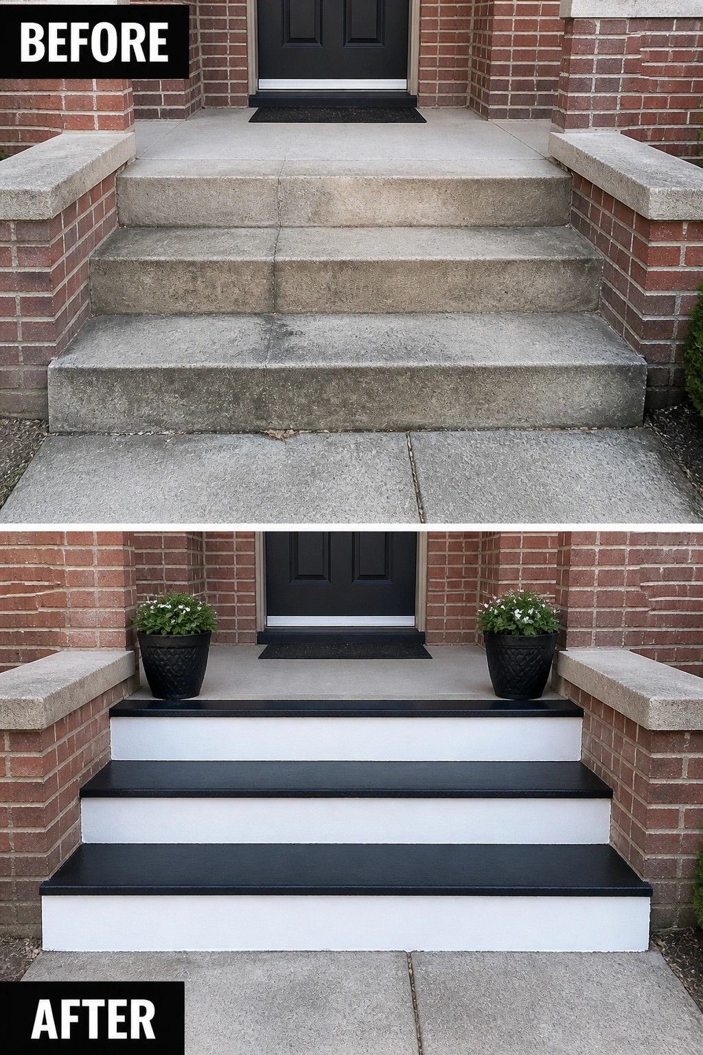 Before and after of concrete steps painted black and white with added planters