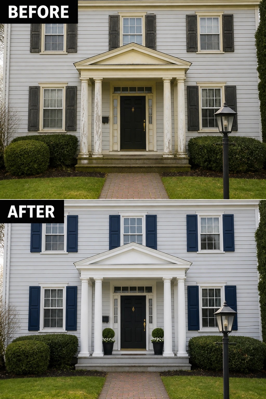 Before and after of house with updated blue shutters, painted columns, and potted plants