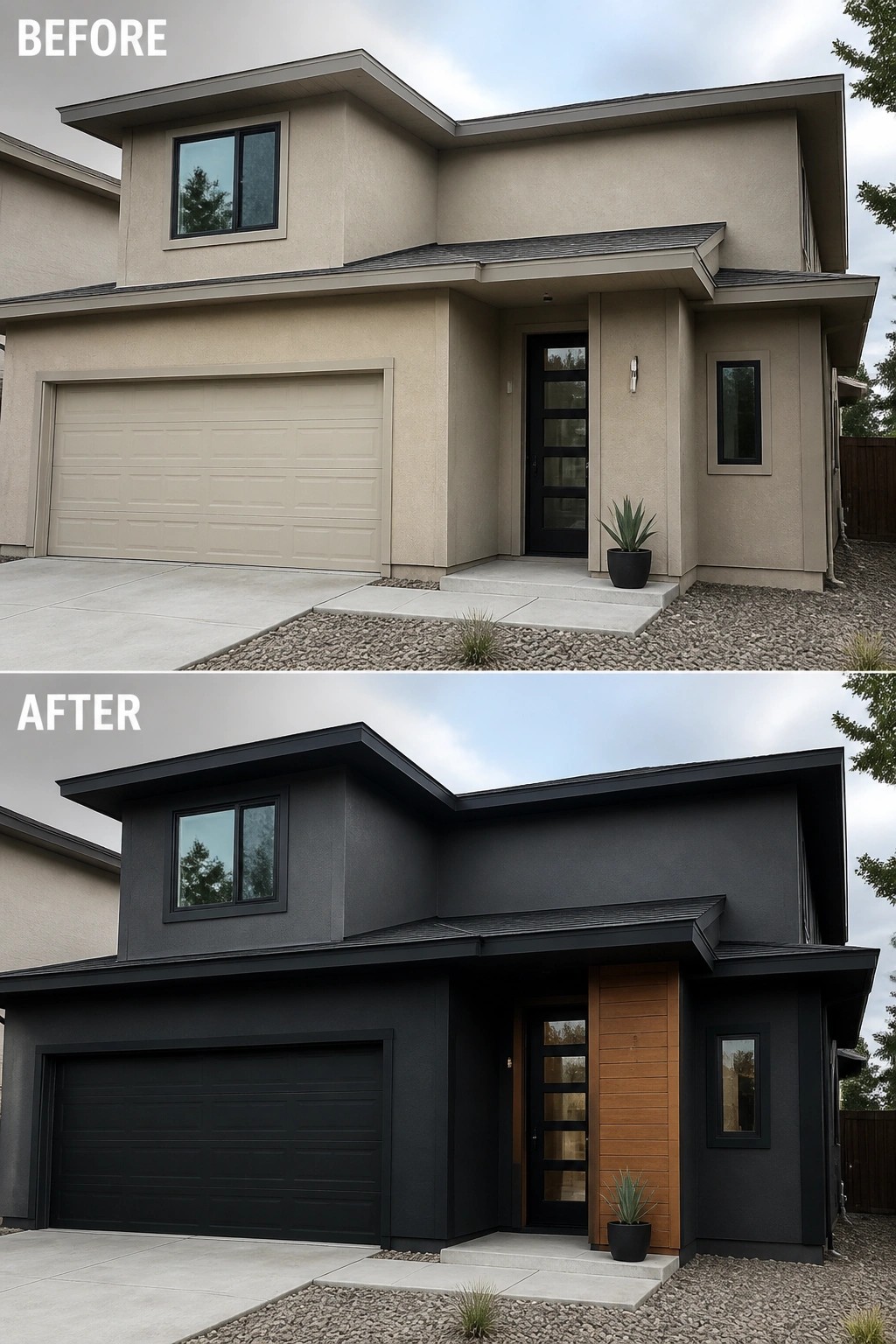 Before-and-after image of a beige house exterior painted dark charcoal with a matching garage door and wood entry accents.