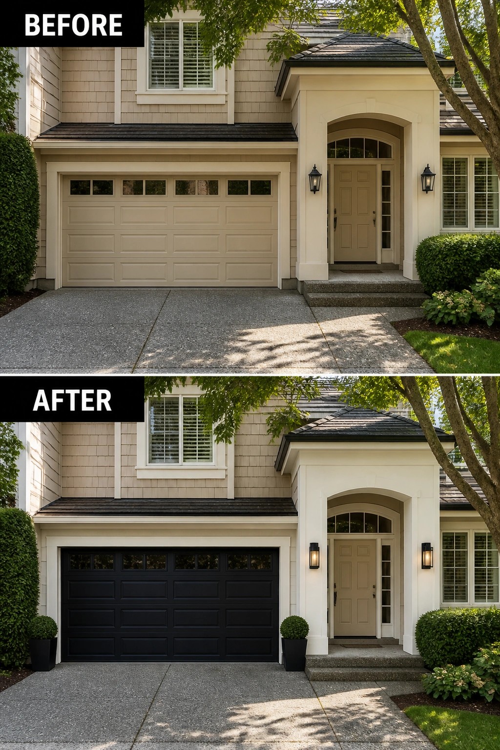 Before-and-after image of a house exterior showing a beige garage door changed to black for stronger contrast against the light siding.