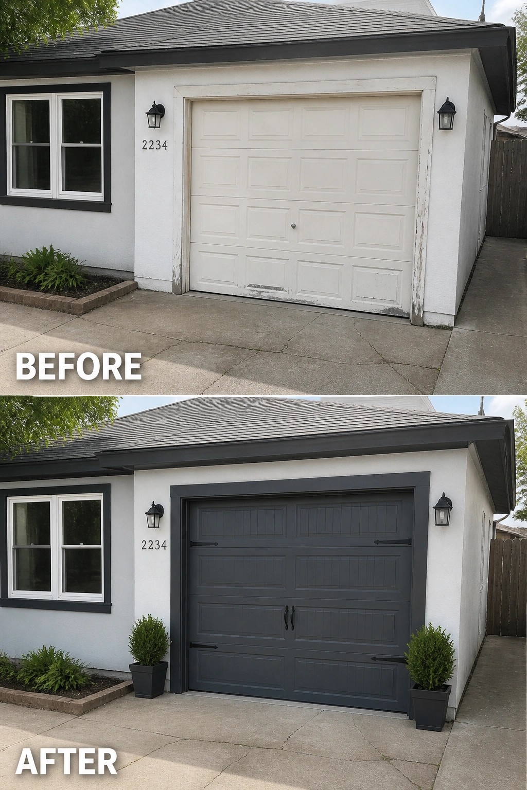 Before and after of white house with garage door painted charcoal gray.