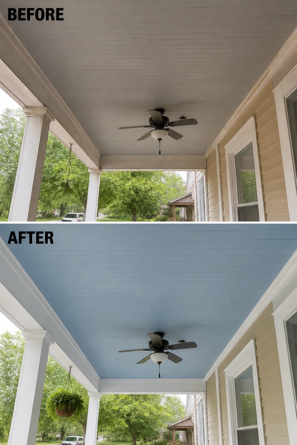 Before-and-after image of a porch ceiling painted from a dull off-white to a light blue color.