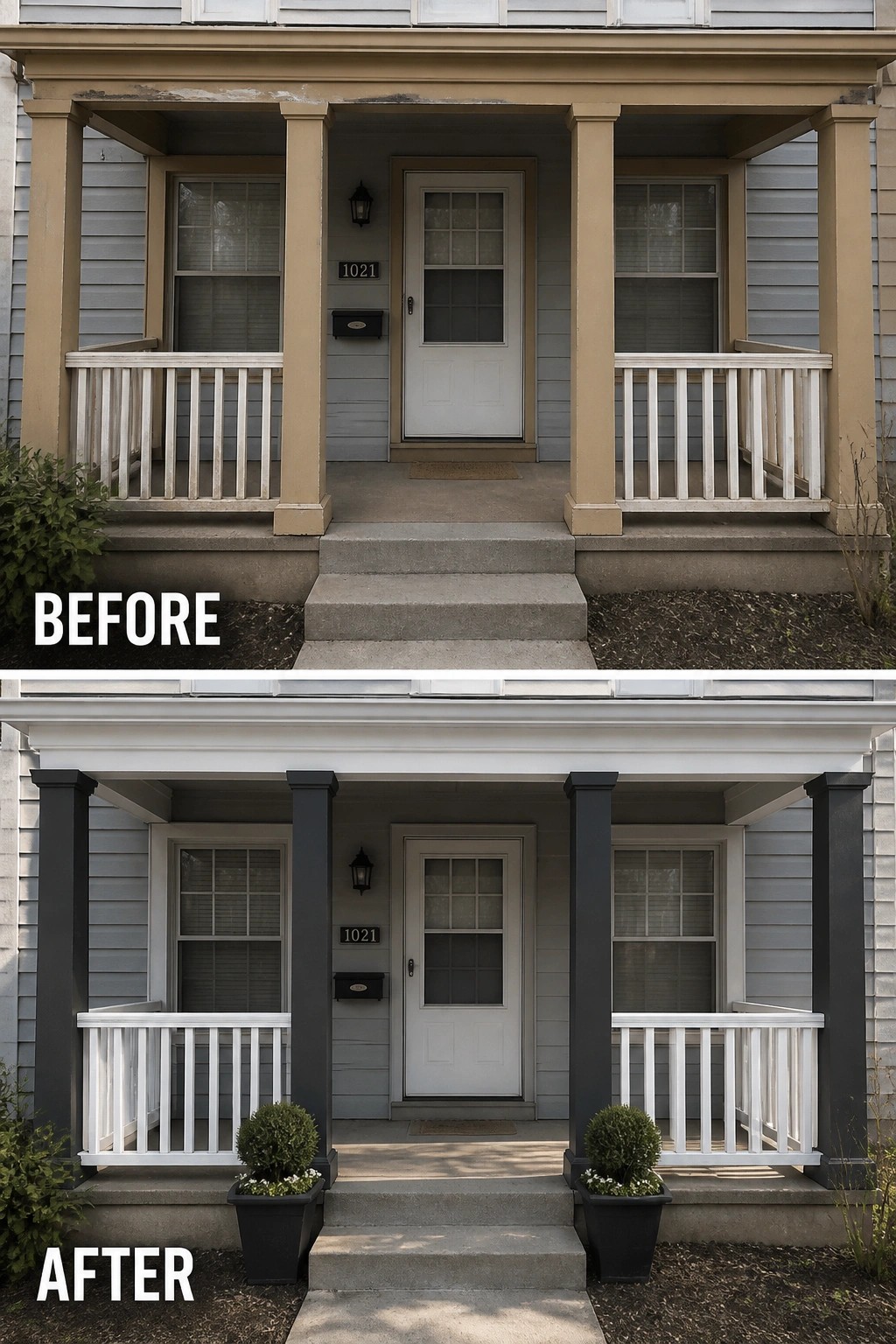 Before-and-after image of a front porch with columns and trim painted from beige to dark gray and planters added at the steps.