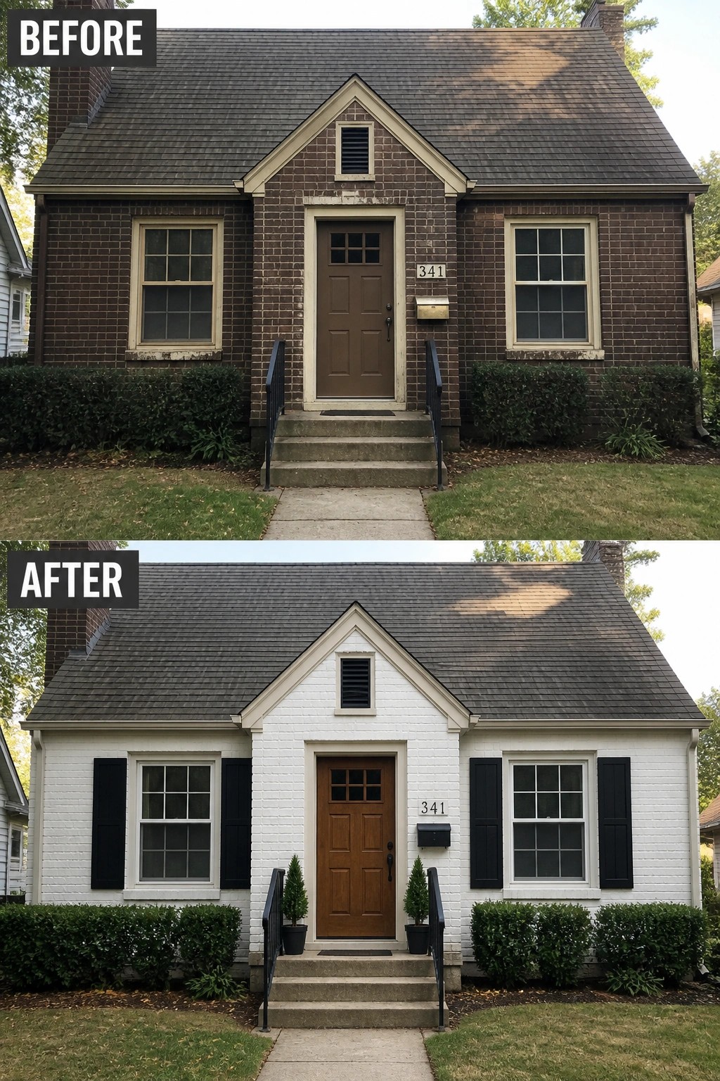 Before-and-after house exterior painted white with black shutters added.