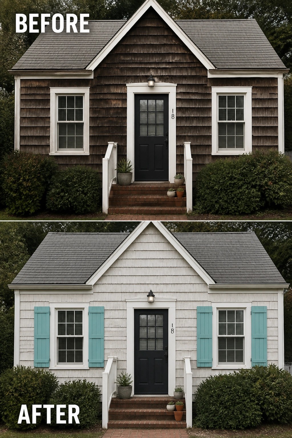 Before dark brown house and after white with turquoise shutters added.