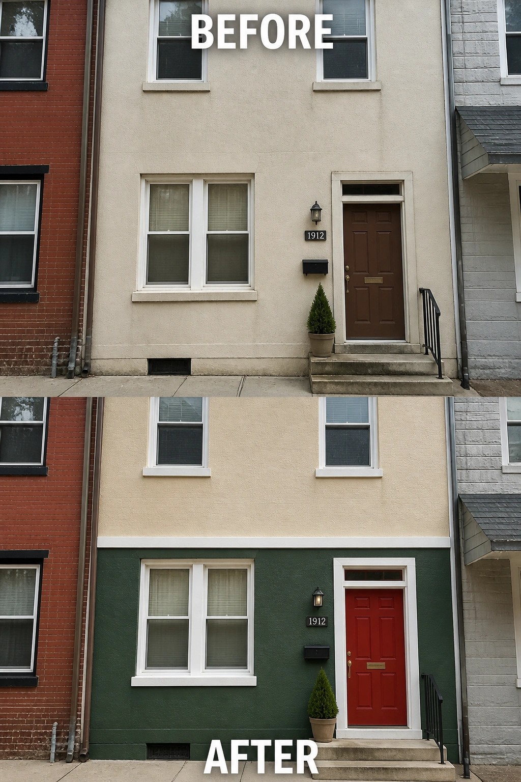 Before-after townhouse renovation: beige walls brown door to green walls red door.