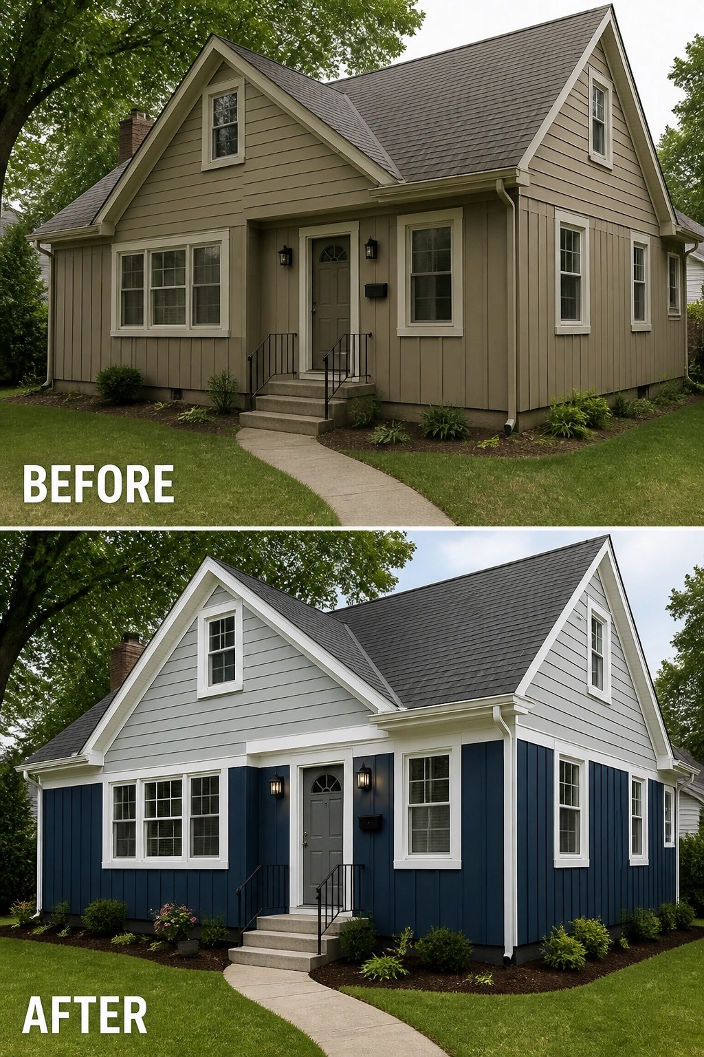Before and after views of house with beige-to-blue siding repaint