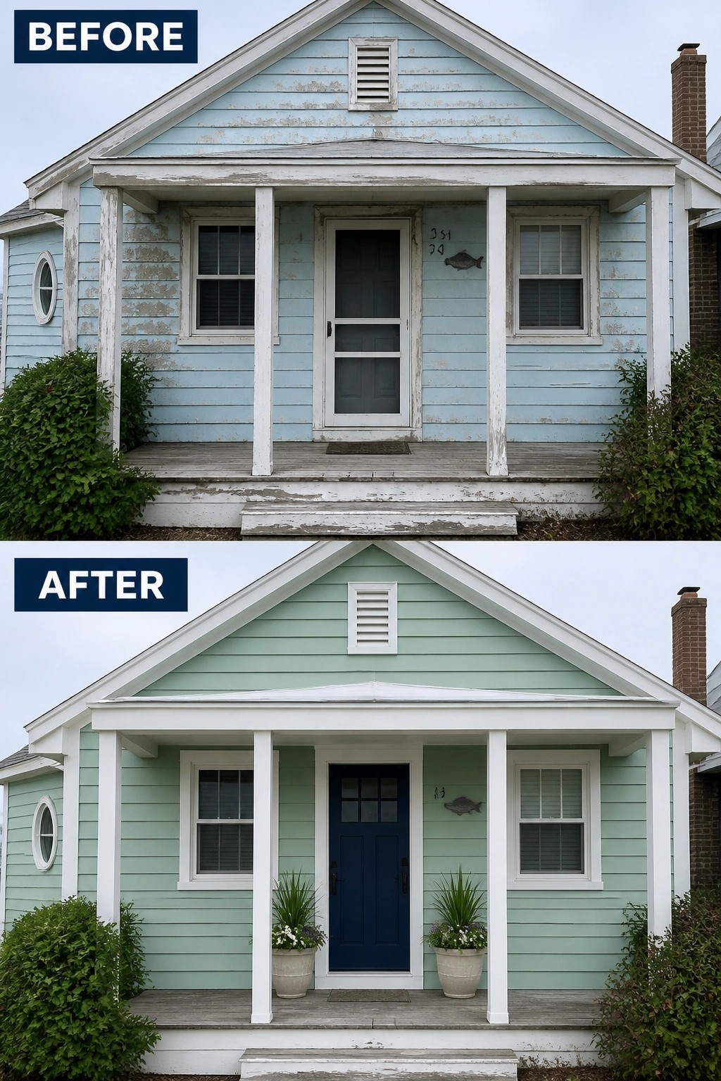 Before-and-after image of a weathered house exterior repainted from faded blue to soft green with a new navy door and added planters.