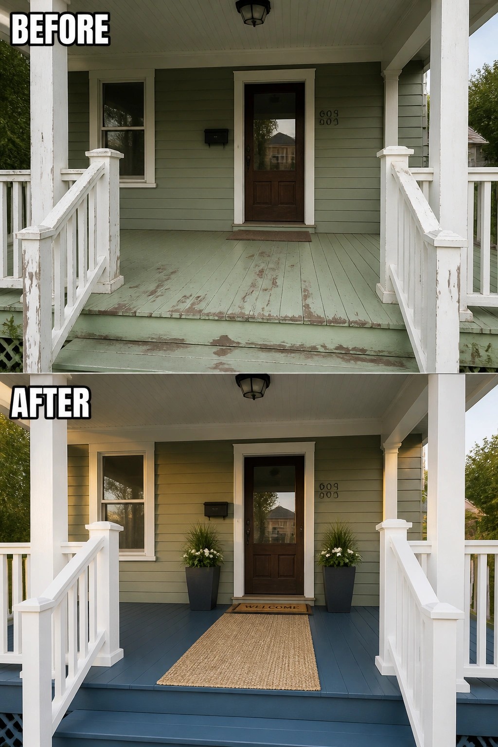 Before-and-after image of a front porch showing worn green paint changed to blue deck paint with added planters and a rug.