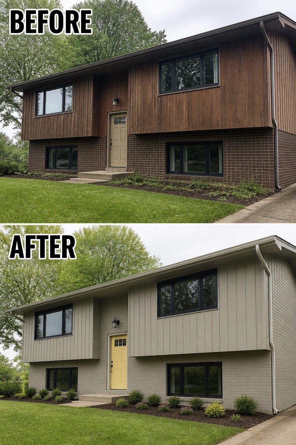 Before-and-after image of a two-story house showing dark brown siding changed to light gray siding with a yellow front door.