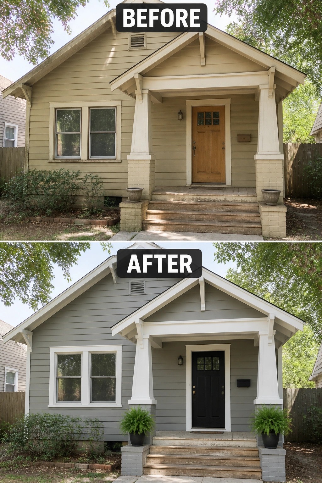 Before-and-after image of a house exterior updated with new gray paint, white trim, and a black front door.