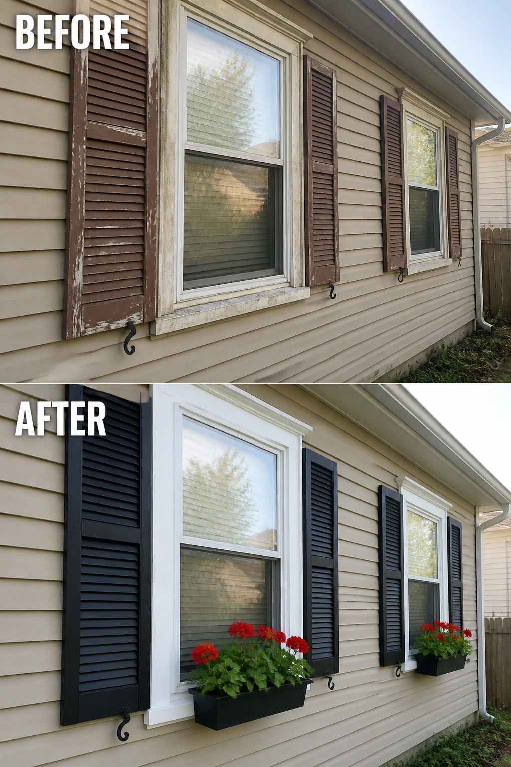 Before-and-after image of a house exterior with faded brown shutters changed to black shutters, white window trim added, and black flower boxes installed below the windows.