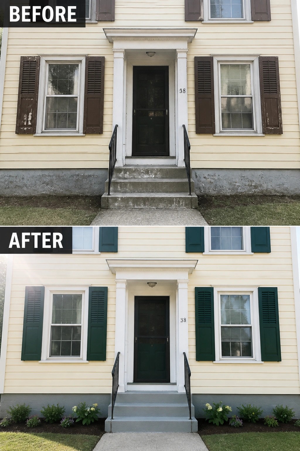 Before-and-after image of a house exterior showing brown shutters and a dark door changed to green shutters and a matching door with painted steps and added foundation plants.