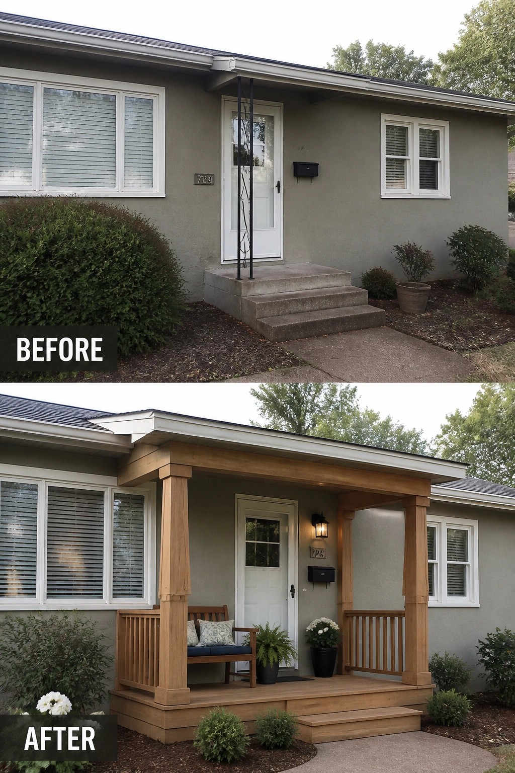 Before and after of house entrance with new wooden porch and bench added.