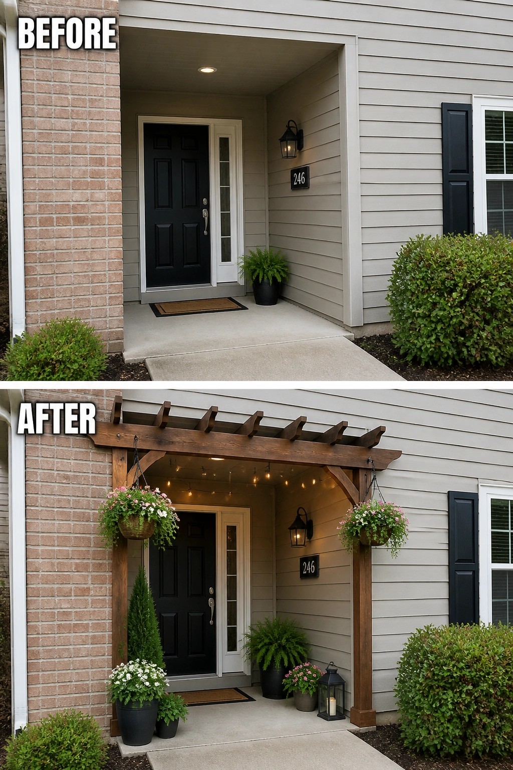 Before-and-after image of a house front entry updated with a wooden pergola, hanging planters, and string lights.