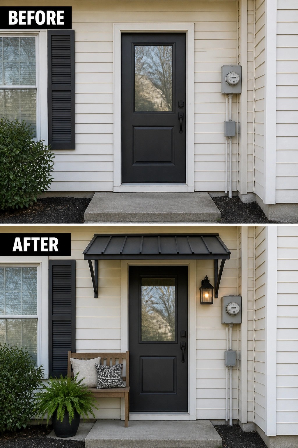 Before-and-after image of a house front door updated with a metal awning, bench, and lantern.