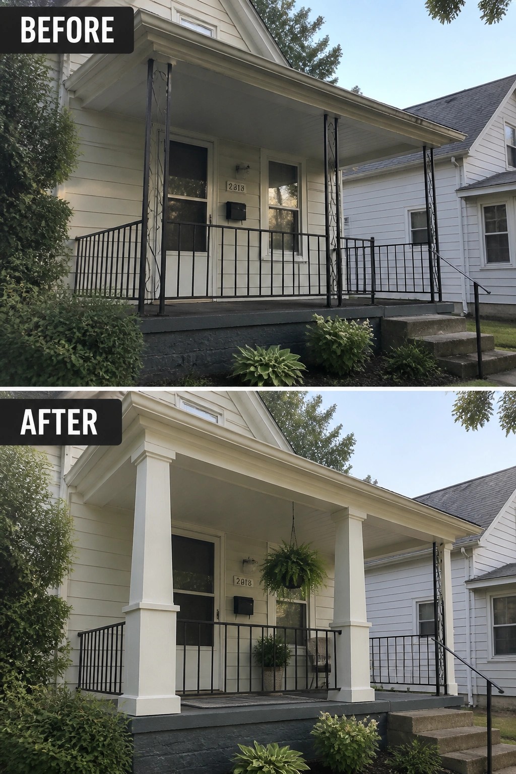 Before-and-after image of a front porch updated with white columns, a hanging plant, and a doormat.