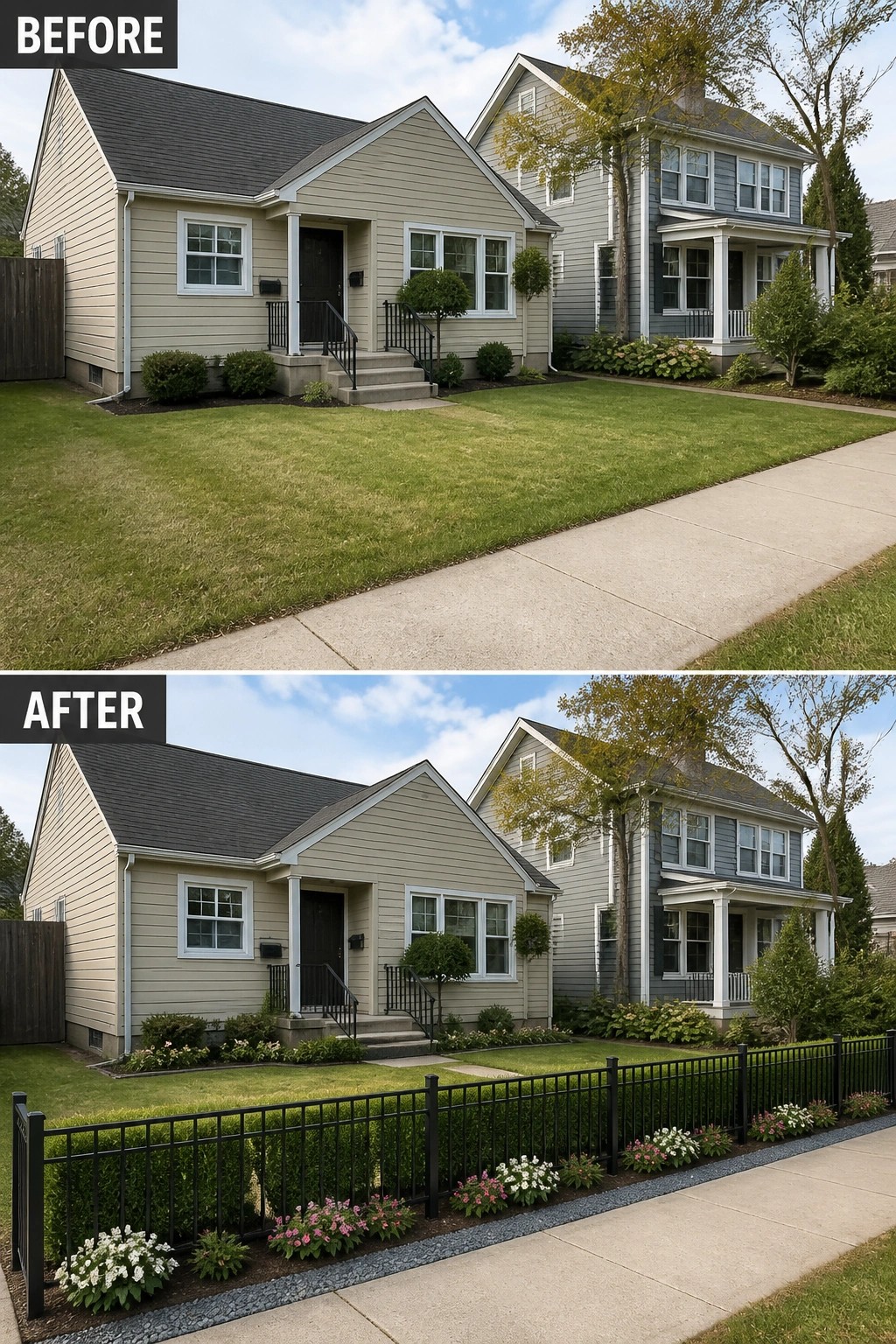 Before and after house exterior with new black fence and landscaping